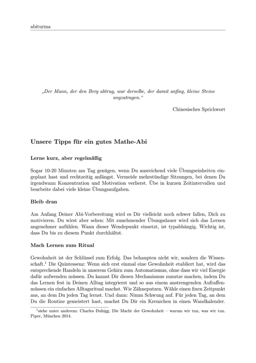 Buchseite: Unsere Tipps für ein gutes Mathe-Abi – kurz und regelmäßig lernen, dranbleiben, Lernen zum Ritual machen.
